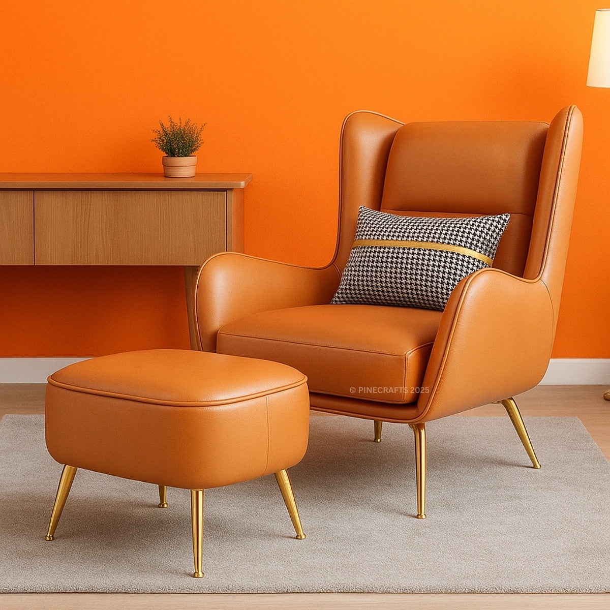 Orange armchair with a matching ottoman against an orange wall.